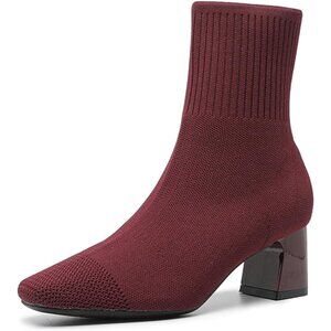 Women's Dark Red Dressy Comfy Knit Sock Square Toe Chunky Heel Slip On Booties